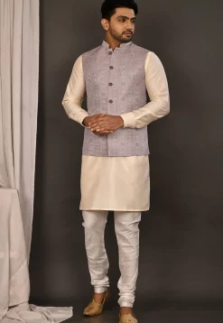 Woven Art Silk Jacquard Nehru Jacket in Grey