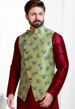 Woven Art Silk Jacquard Nehru Jacket in Light Olive Green