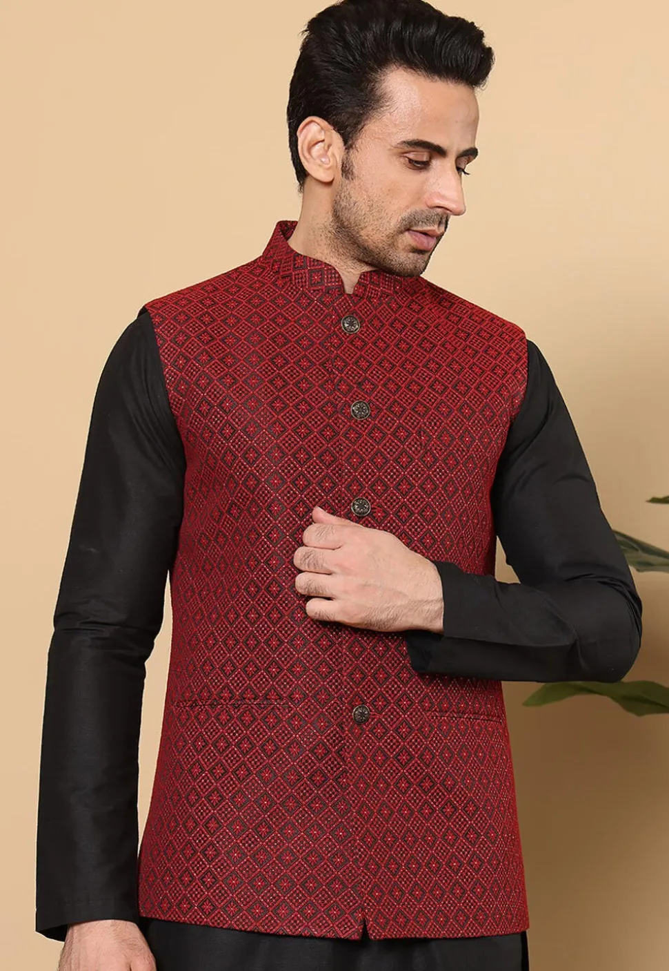Woven Art Silk Jacquard Nehru Jacket in Red