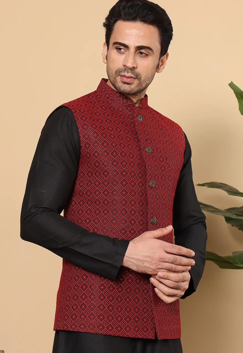 Woven Art Silk Jacquard Nehru Jacket in Red