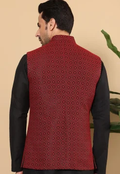Woven Art Silk Jacquard Nehru Jacket in Red