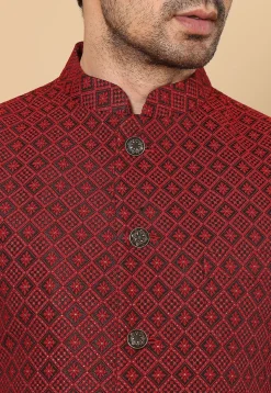 Woven Art Silk Jacquard Nehru Jacket in Red