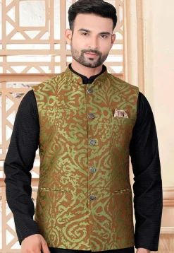 Woven Art Silk Jacquard Nehru Jacket in Green and Brown