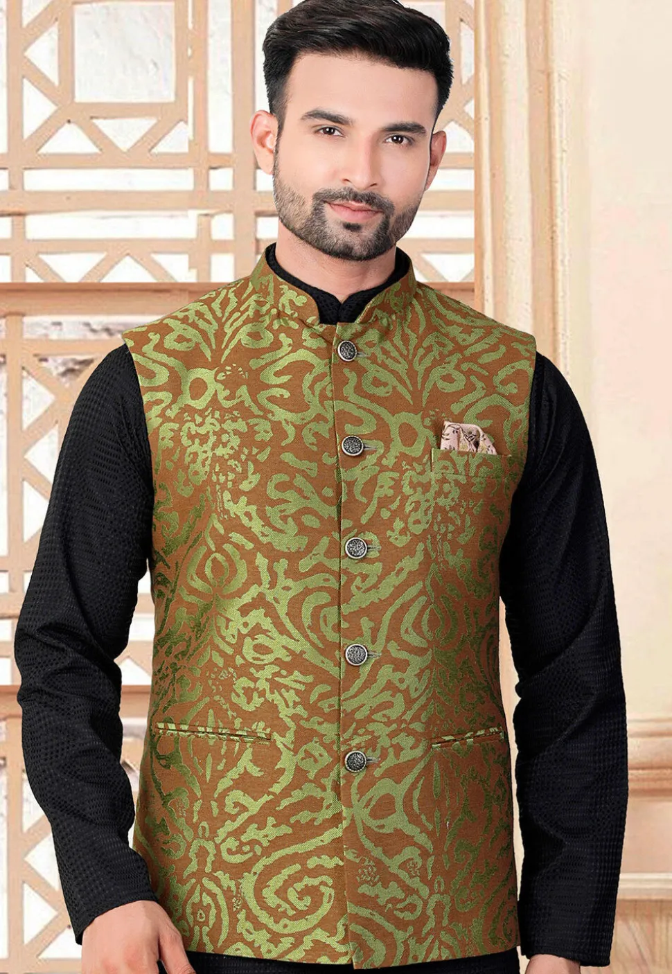 Woven Art Silk Jacquard Nehru Jacket in Green and Brown