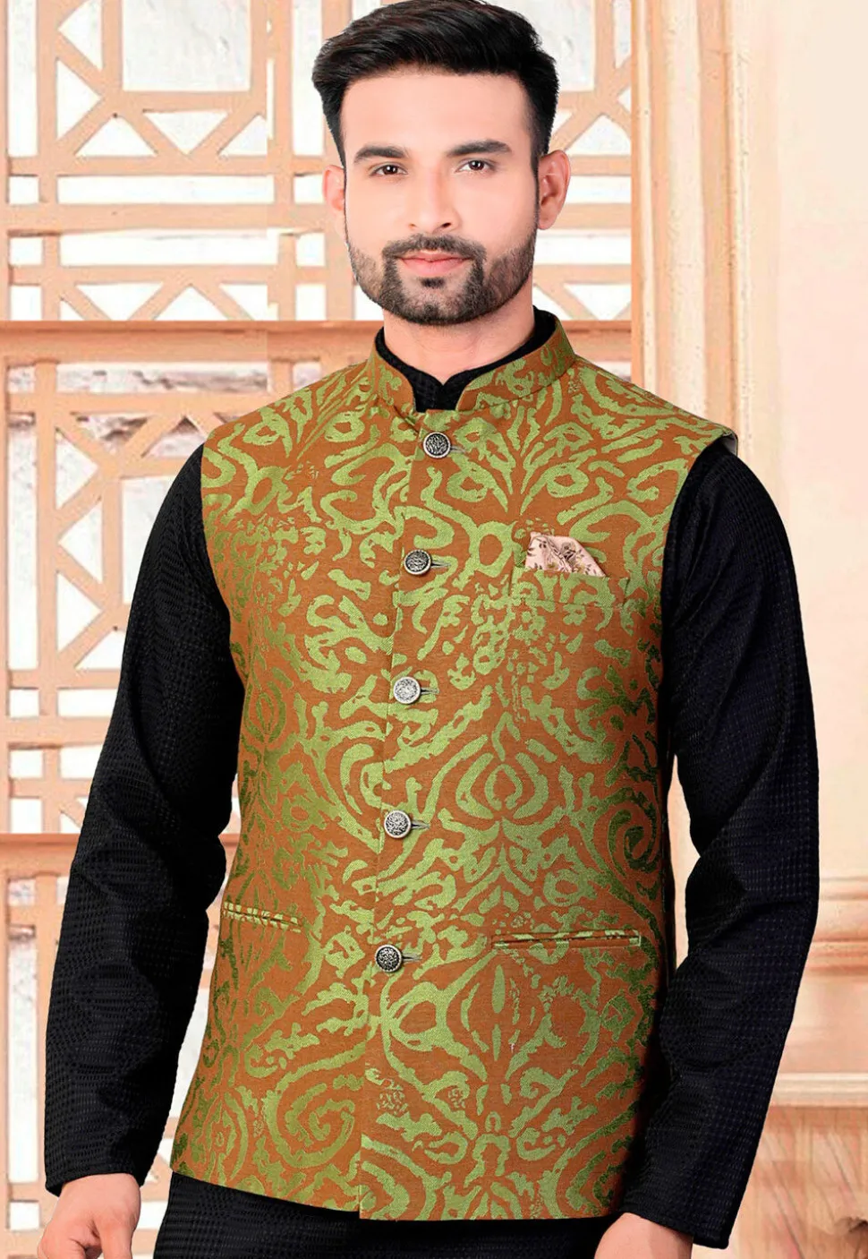 Woven Art Silk Jacquard Nehru Jacket in Green and Brown
