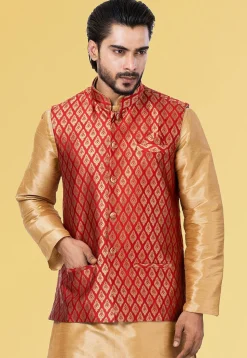Woven Art Silk Jacquard Nehru Jacket in Red