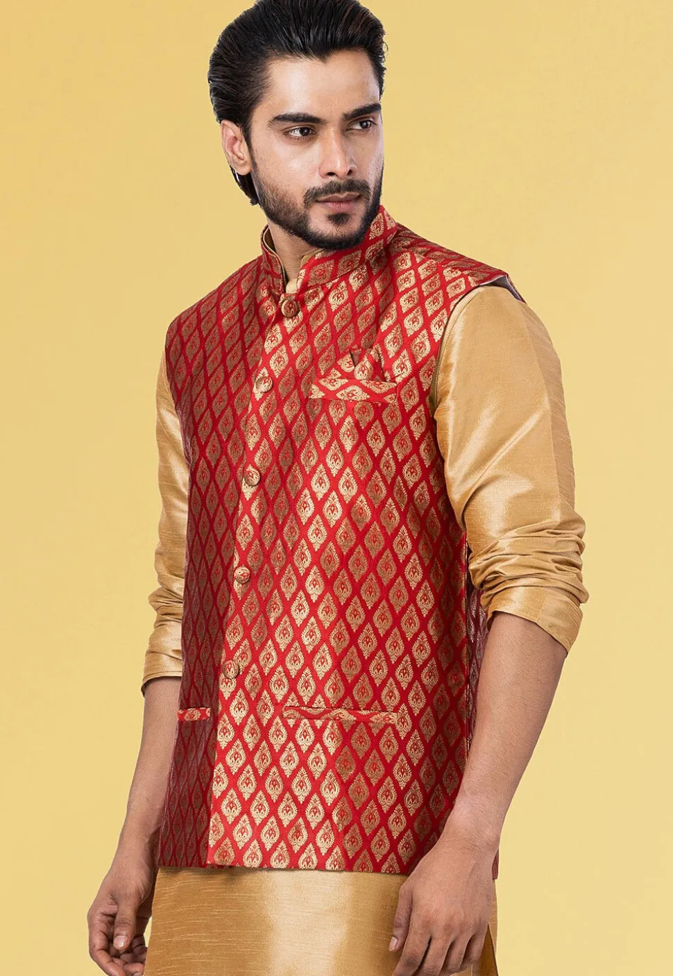 Woven Art Silk Jacquard Nehru Jacket in Red