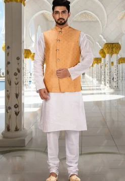 Woven Art Silk Jacquard Nehru Jacket in Peach
