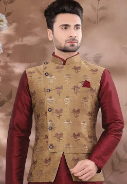 Woven Art Silk Jacquard Nehru Jacket in Dark Beige