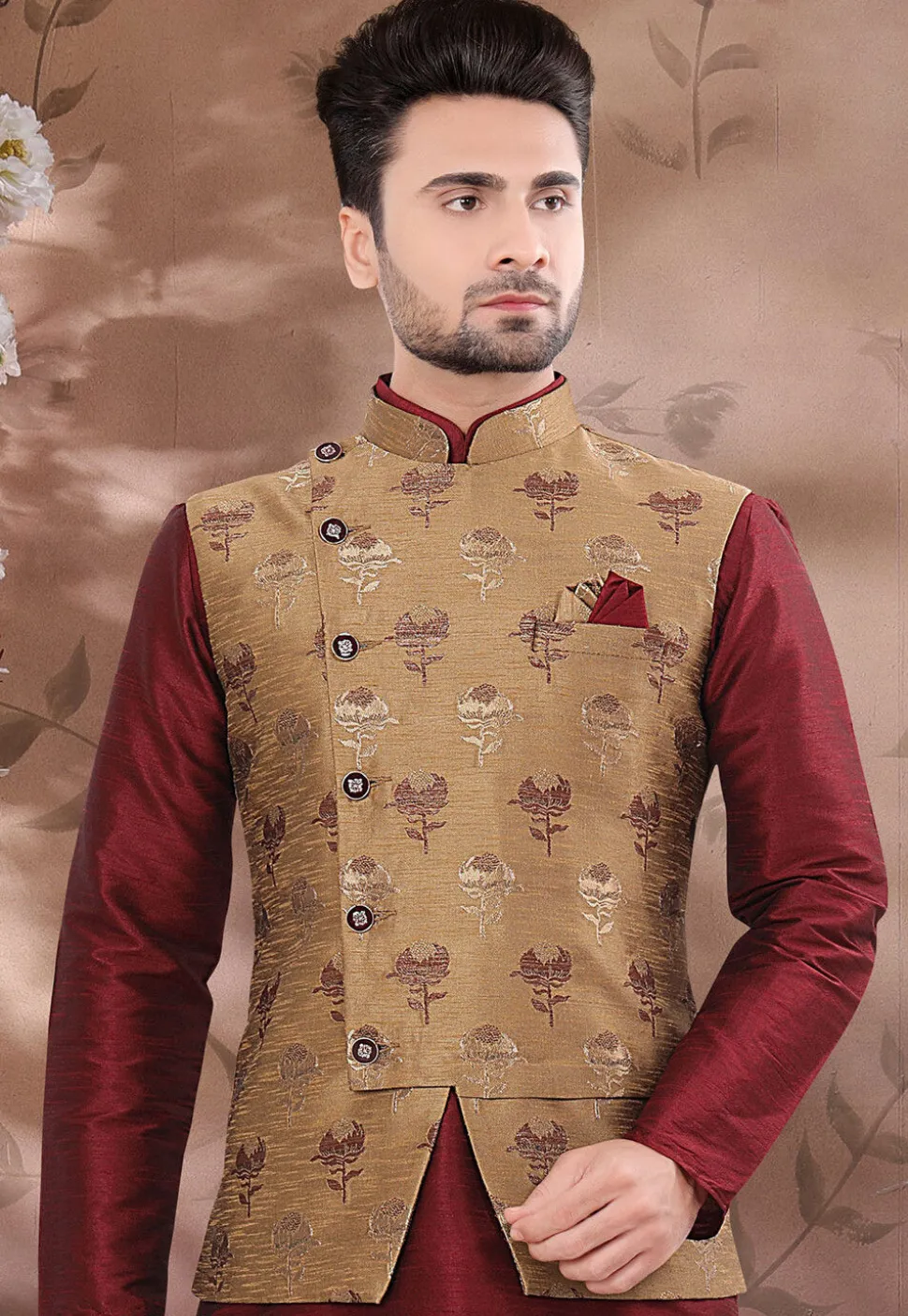 Woven Art Silk Jacquard Nehru Jacket in Dark Beige