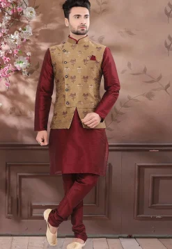Woven Art Silk Jacquard Nehru Jacket in Dark Beige