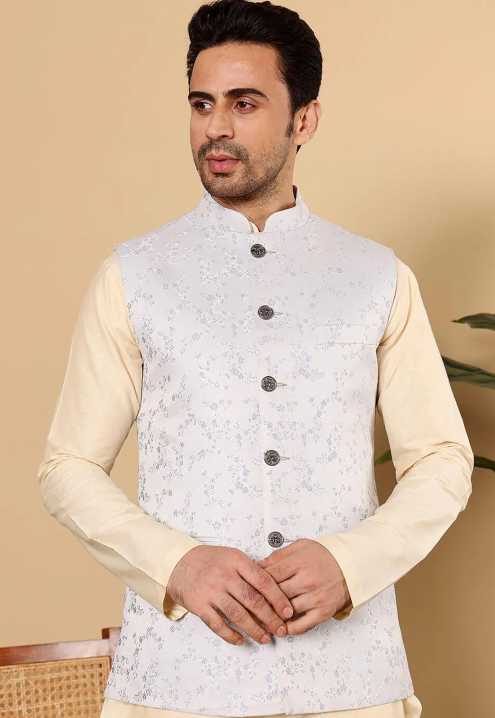 Woven Art Silk Jacquard Nehru Jacket in Light Blue