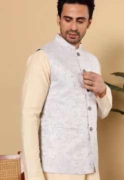 Woven Art Silk Jacquard Nehru Jacket in Light Blue