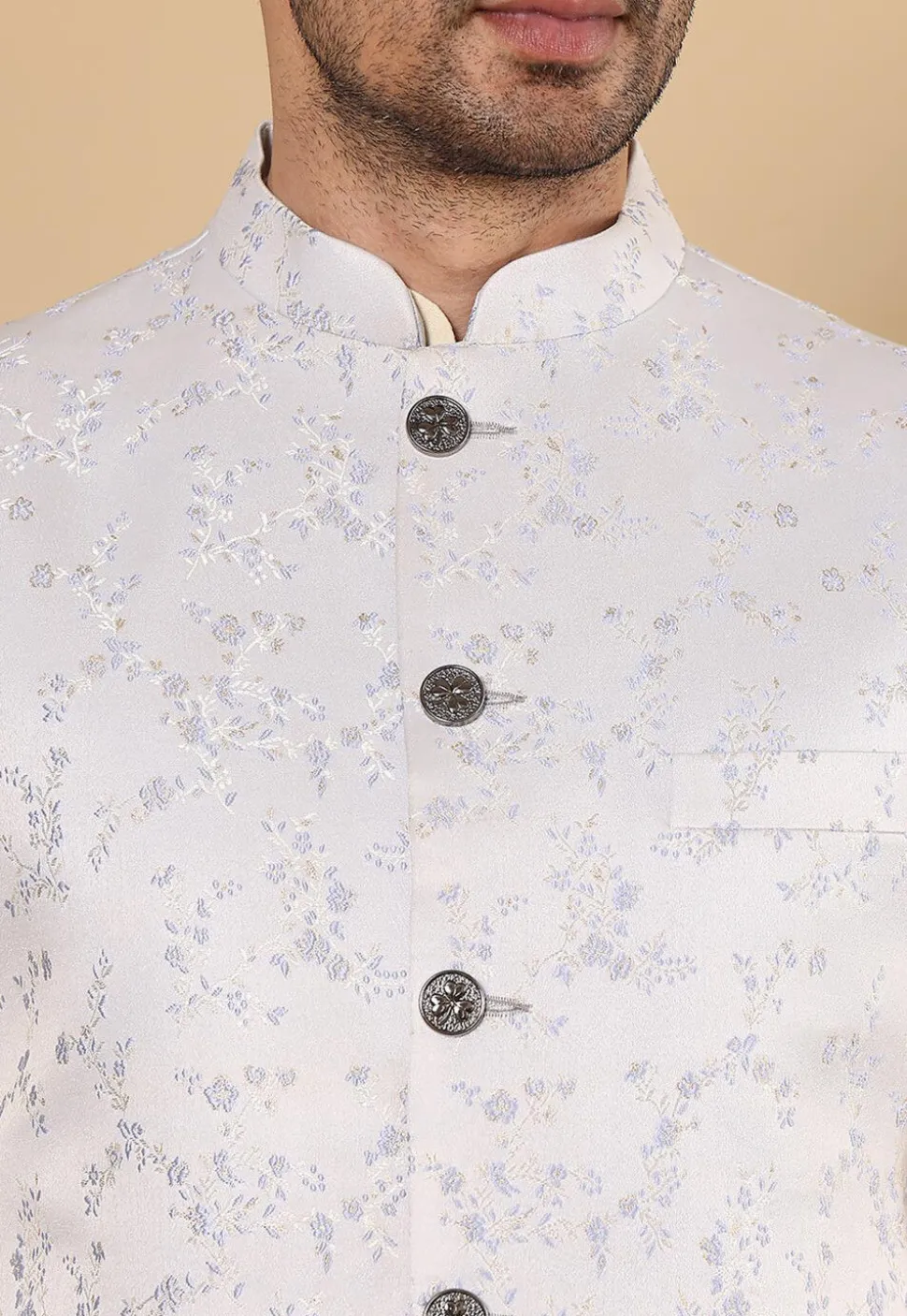 Woven Art Silk Jacquard Nehru Jacket in Light Blue