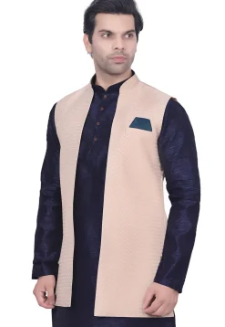 Woven Art Silk Jacquard Nehru Jacket in Peach