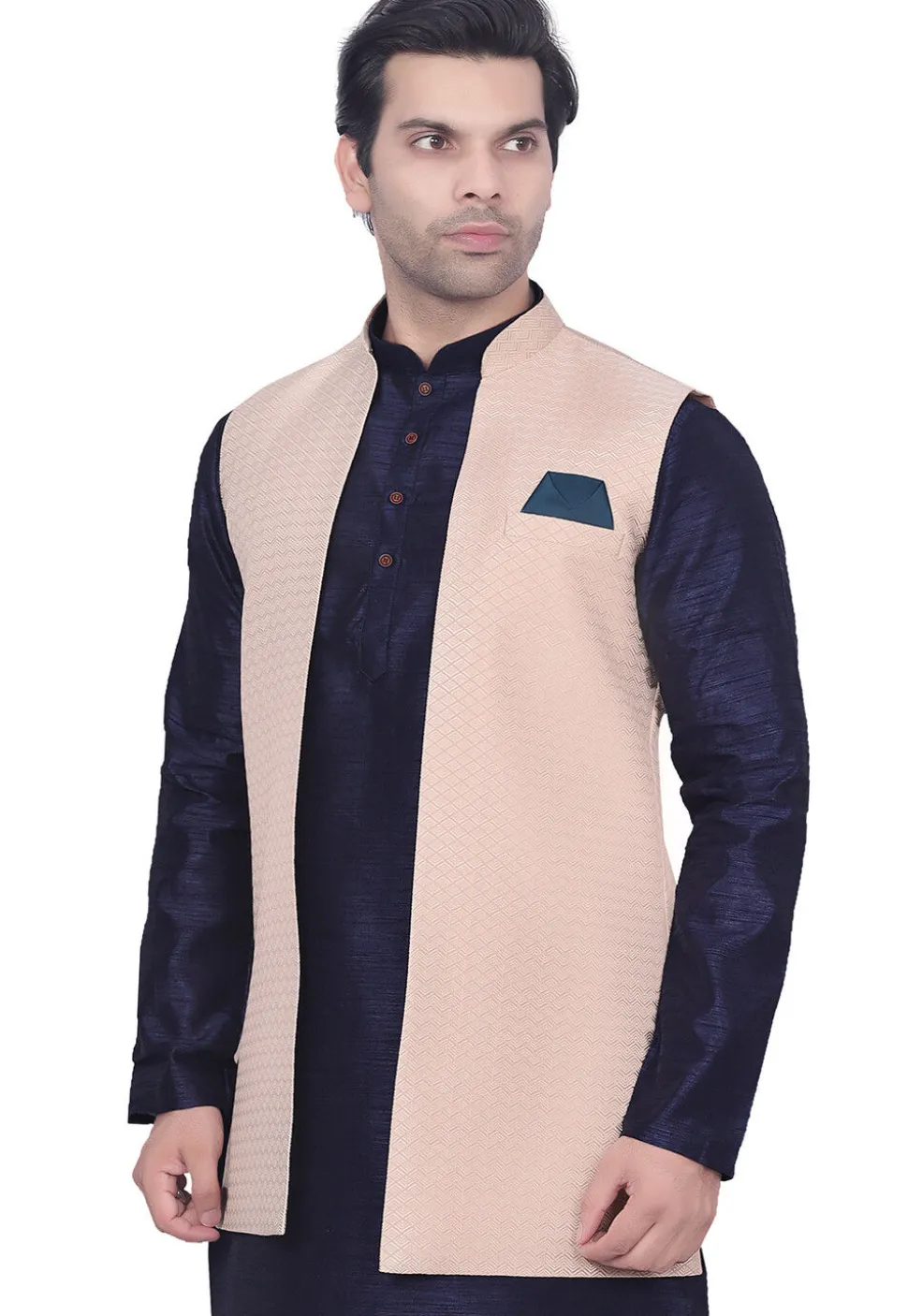 Woven Art Silk Jacquard Nehru Jacket in Peach