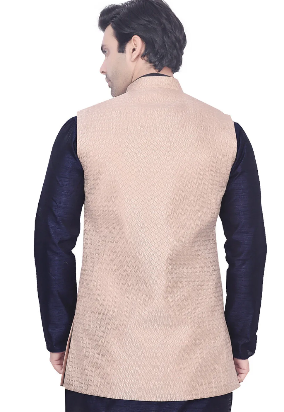 Woven Art Silk Jacquard Nehru Jacket in Peach