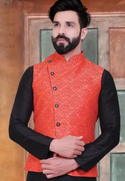 Woven Art Silk Jacquard Nehru Jacket in Red