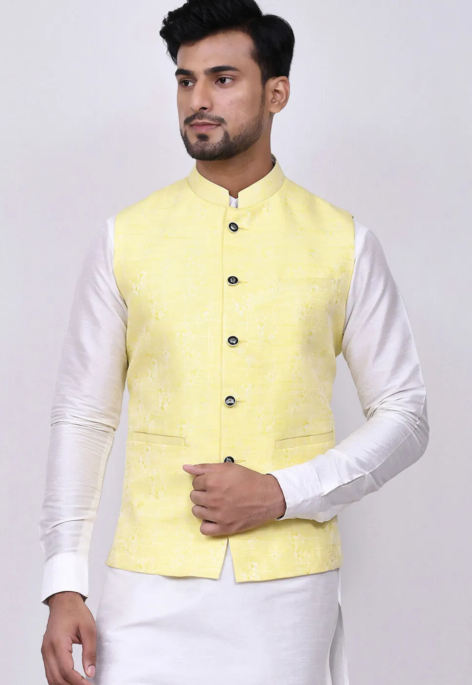 Woven Art Silk Jacquard Nehru Jacket in Yellow