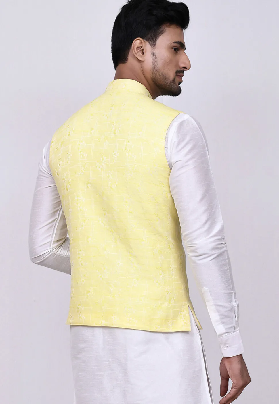 Woven Art Silk Jacquard Nehru Jacket in Yellow