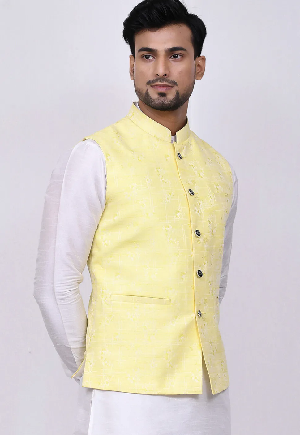 Woven Art Silk Jacquard Nehru Jacket in Yellow