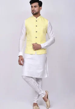 Woven Art Silk Jacquard Nehru Jacket in Yellow