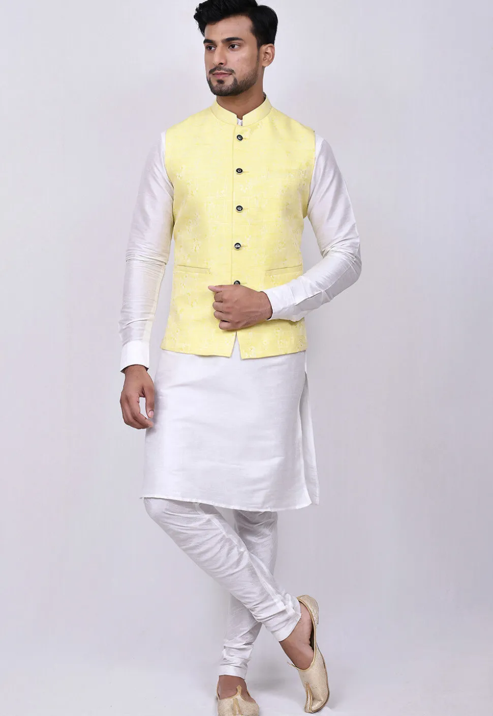 Woven Art Silk Jacquard Nehru Jacket in Yellow