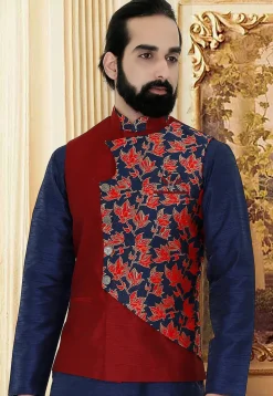 Woven Art Silk Jacquard Over Lapped Jacket in Red and Blue