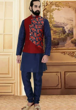 Woven Art Silk Jacquard Over Lapped Jacket in Red and Blue