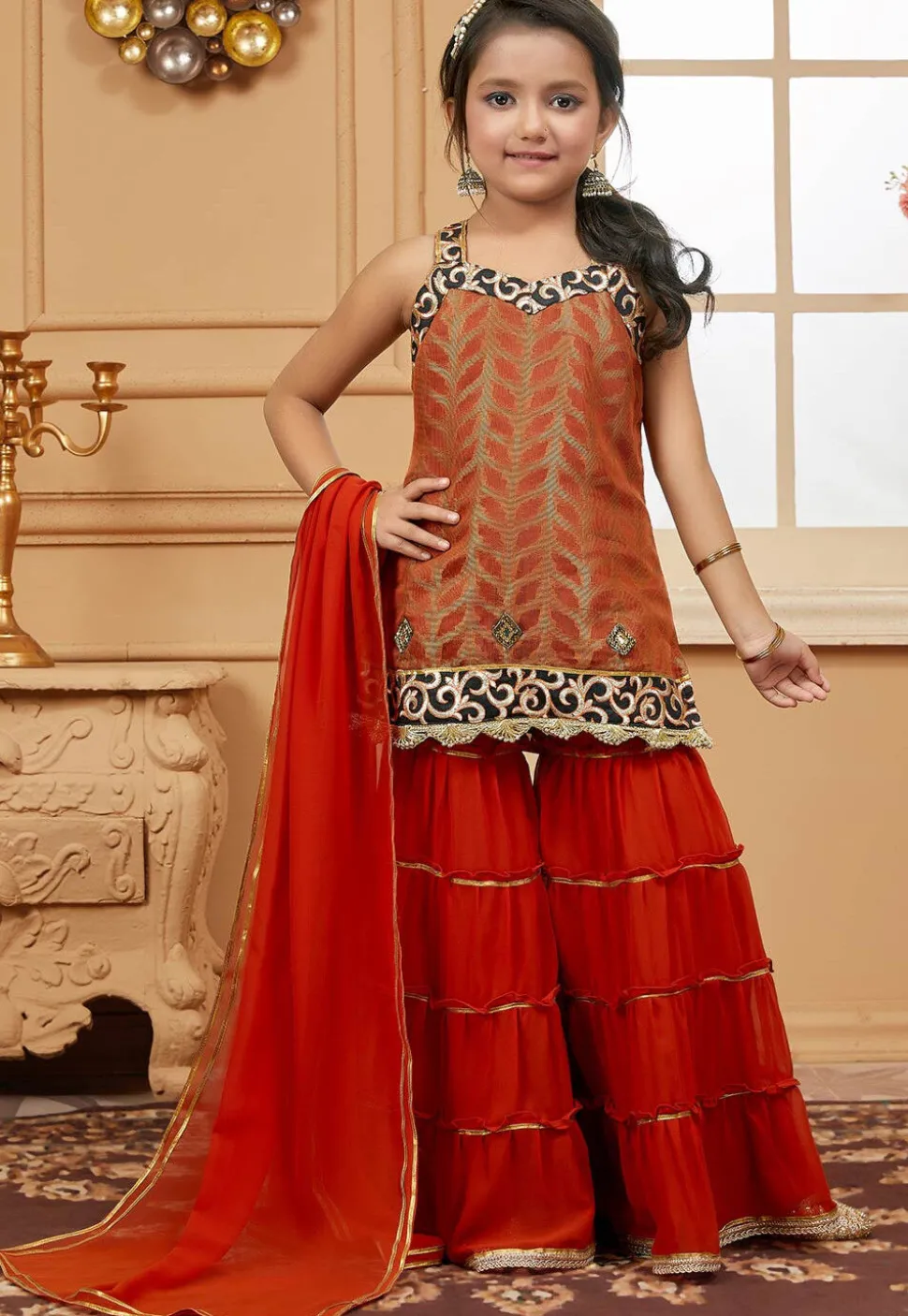 Woven Art Silk Jacquard Pakistani Suit in Rust