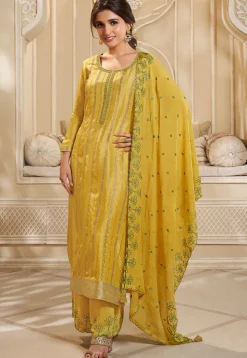 Woven Art Silk Jacquard Pakistani Suit in Yellow