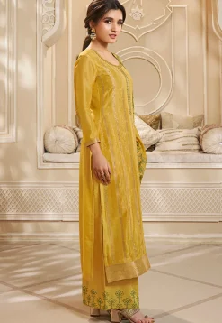Woven Art Silk Jacquard Pakistani Suit in Yellow