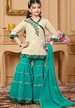 Woven Art Silk Jacquard Pakistani Suit in Beige