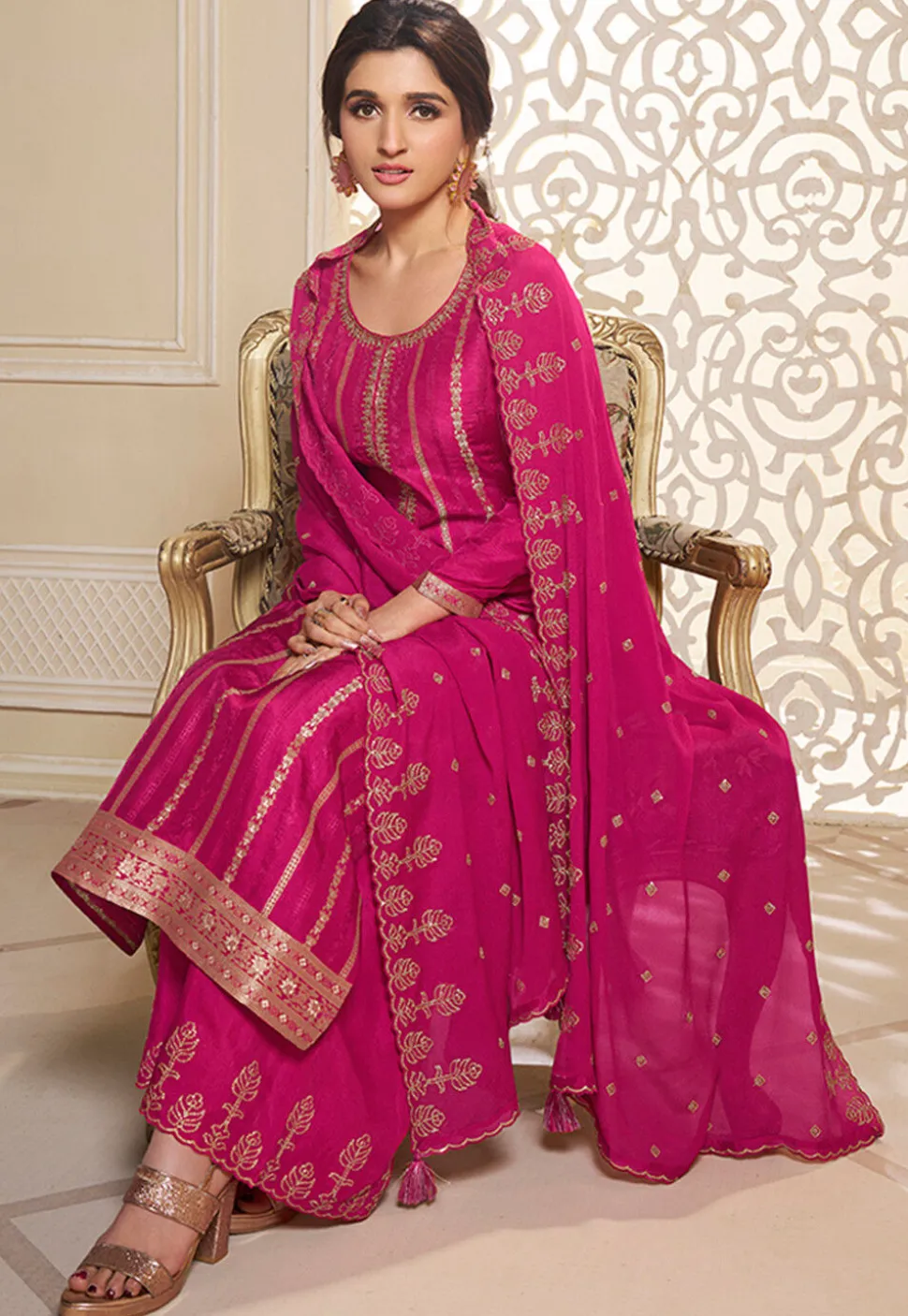 Woven Art Silk Jacquard Pakistani Suit in Fuchsia