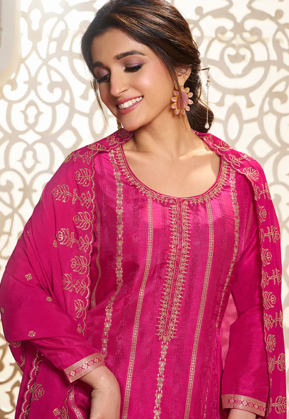 Woven Art Silk Jacquard Pakistani Suit in Fuchsia