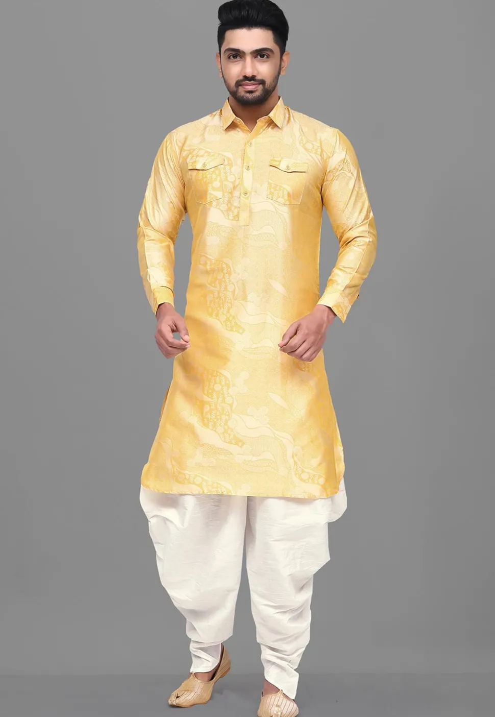 Woven Art Silk Jacquard Pathani Suit in Light Yellow
