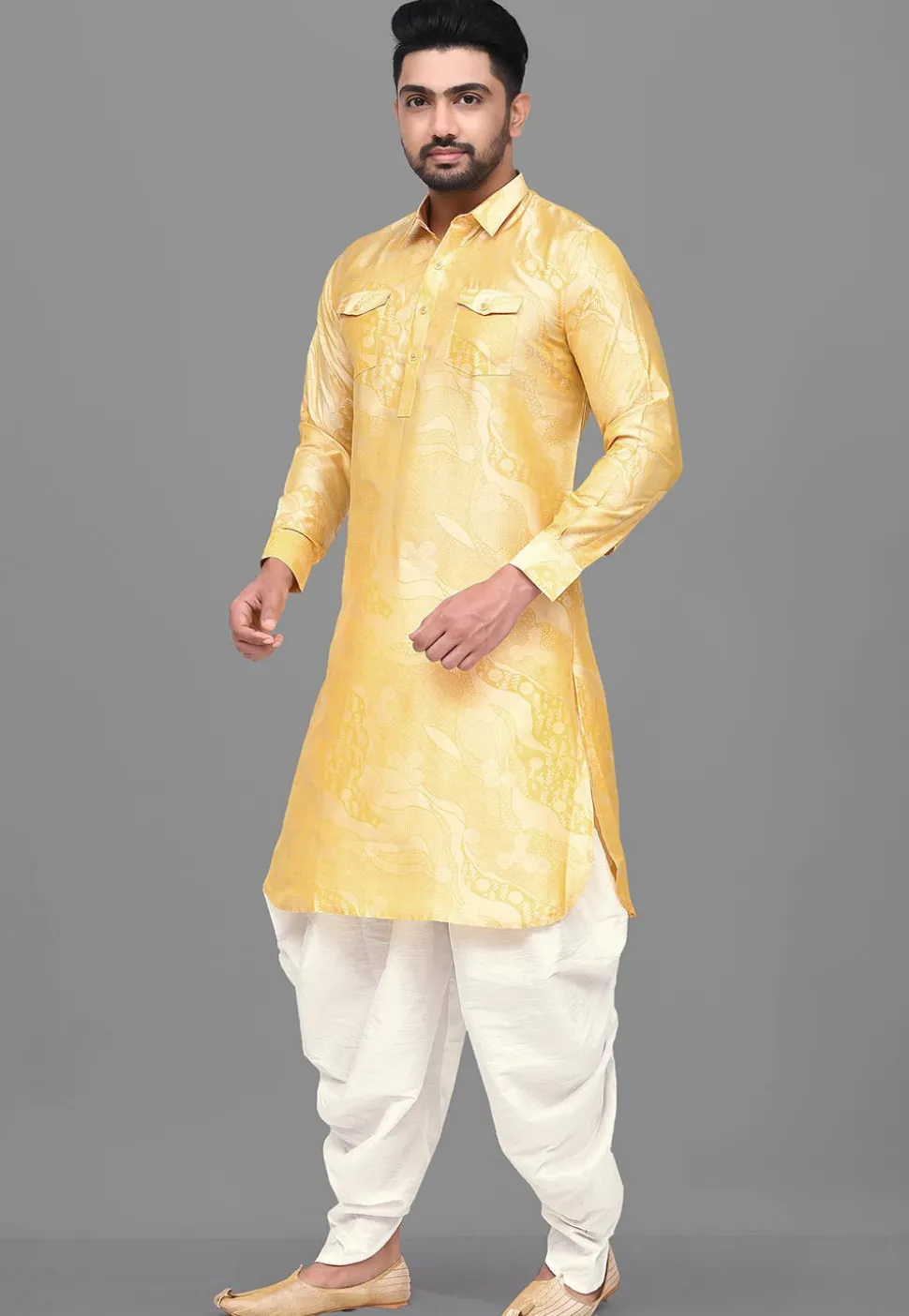 Woven Art Silk Jacquard Pathani Suit in Light Yellow