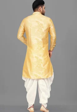 Woven Art Silk Jacquard Pathani Suit in Light Yellow