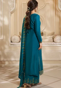Woven Art Silk Jacquard Pakistani Suit in Teal Blue