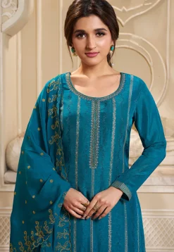 Woven Art Silk Jacquard Pakistani Suit in Teal Blue