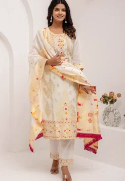 Woven Art Silk Jacquard Pakistani Suit in Off White
