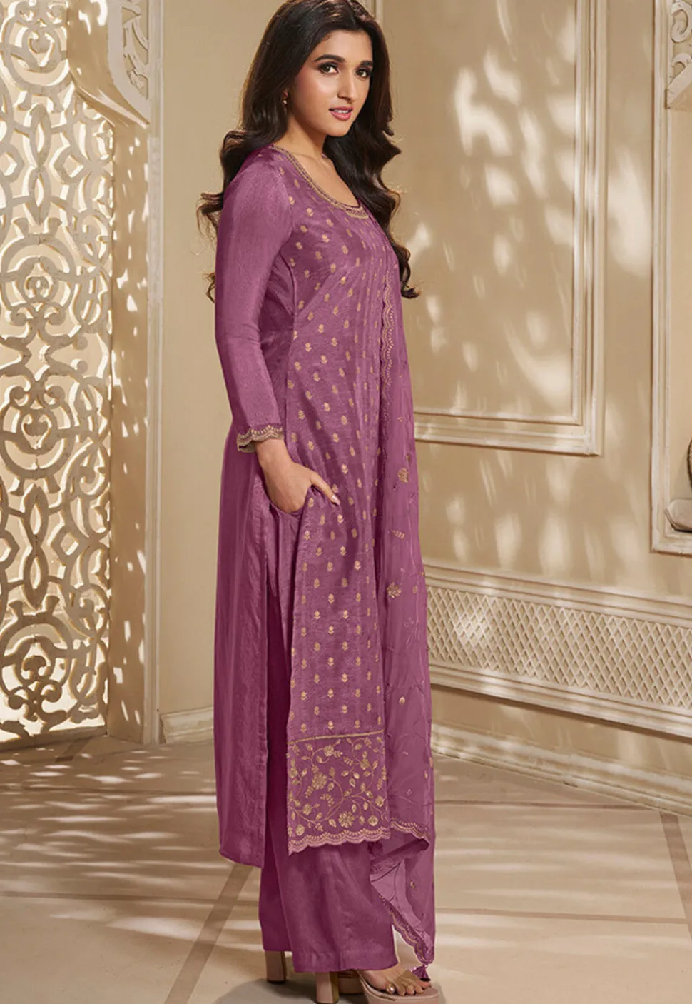 Woven Art Silk Jacquard Pakistani Suit in Purple