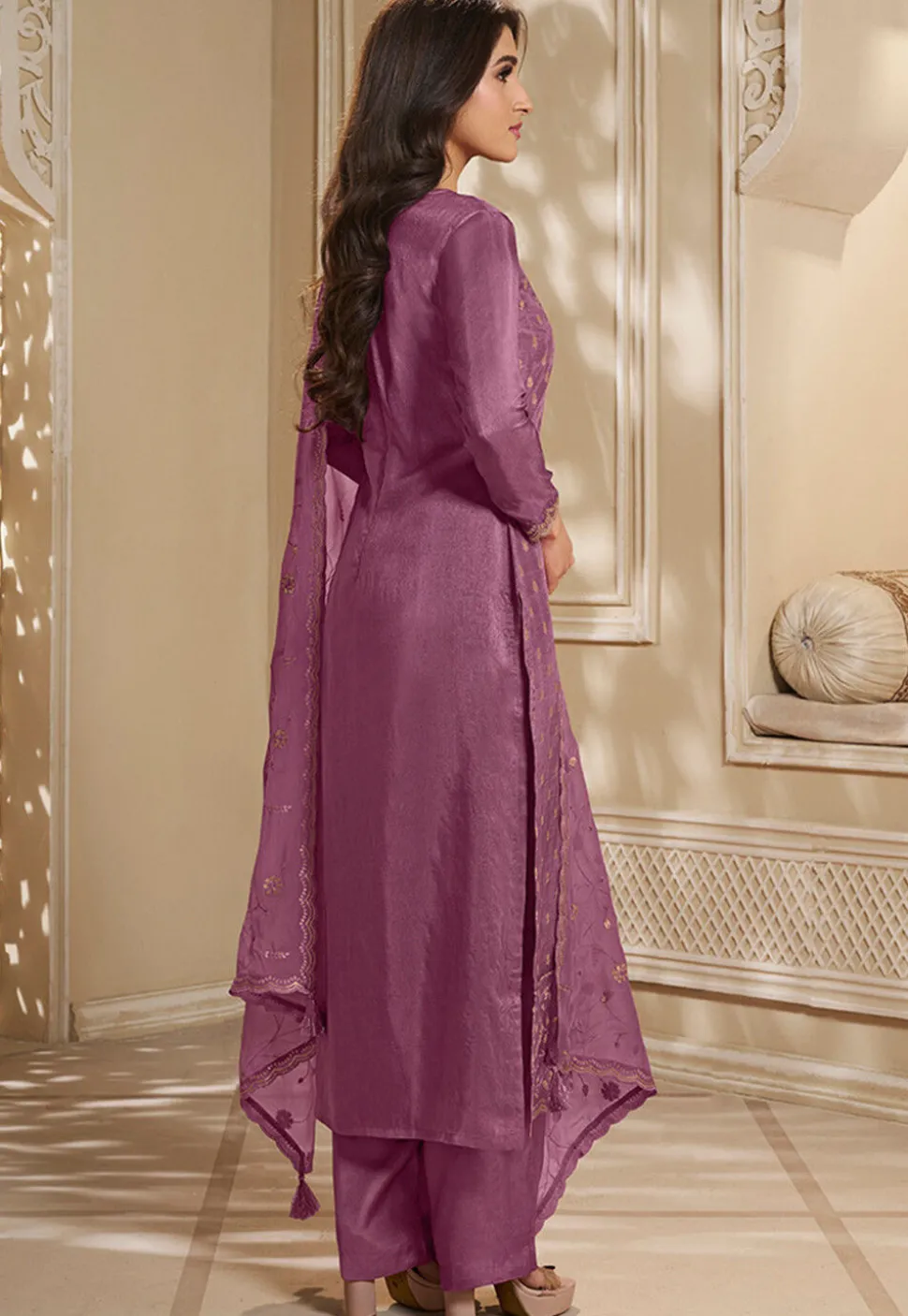 Woven Art Silk Jacquard Pakistani Suit in Purple