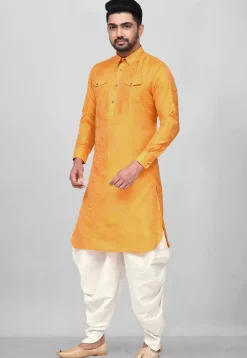 Woven Art Silk Jacquard Pathani Suit in Mustard