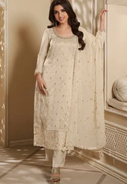 Woven Art Silk Jacquard Pakistani Suit in Off White