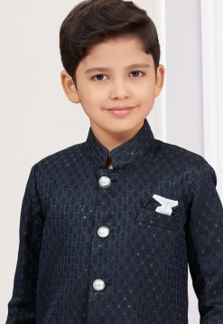 Woven Art Silk Jacquard Sherwani in Navy Blue