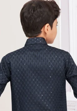 Woven Art Silk Jacquard Sherwani in Navy Blue