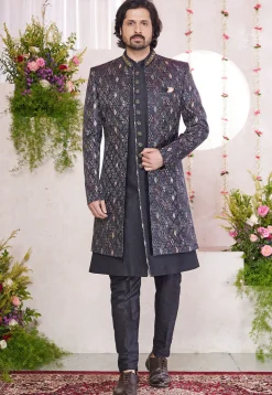 Woven Art Silk Jacquard Sherwani in Black