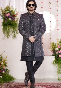 Woven Art Silk Jacquard Sherwani in Black