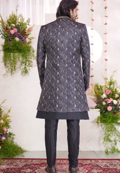 Woven Art Silk Jacquard Sherwani in Black